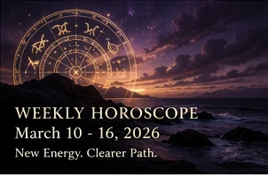 Weekly horoscope featured image with zodiac wheel over the sea at dusk