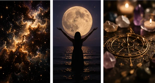 Astrology tools and energy collage for the Jahben horoscope hub