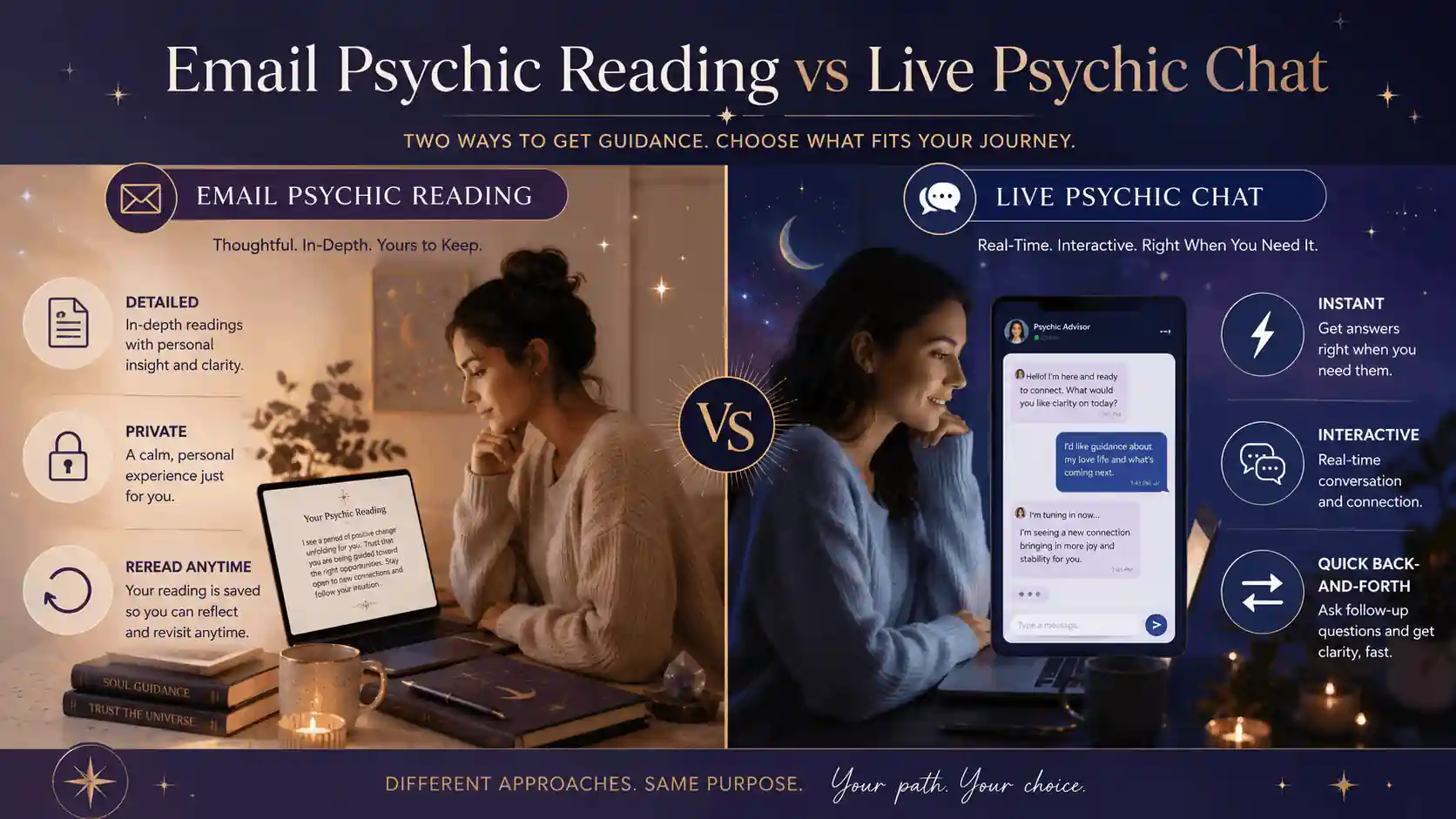 Email psychic reading vs live psychic chat — side by side comparison
