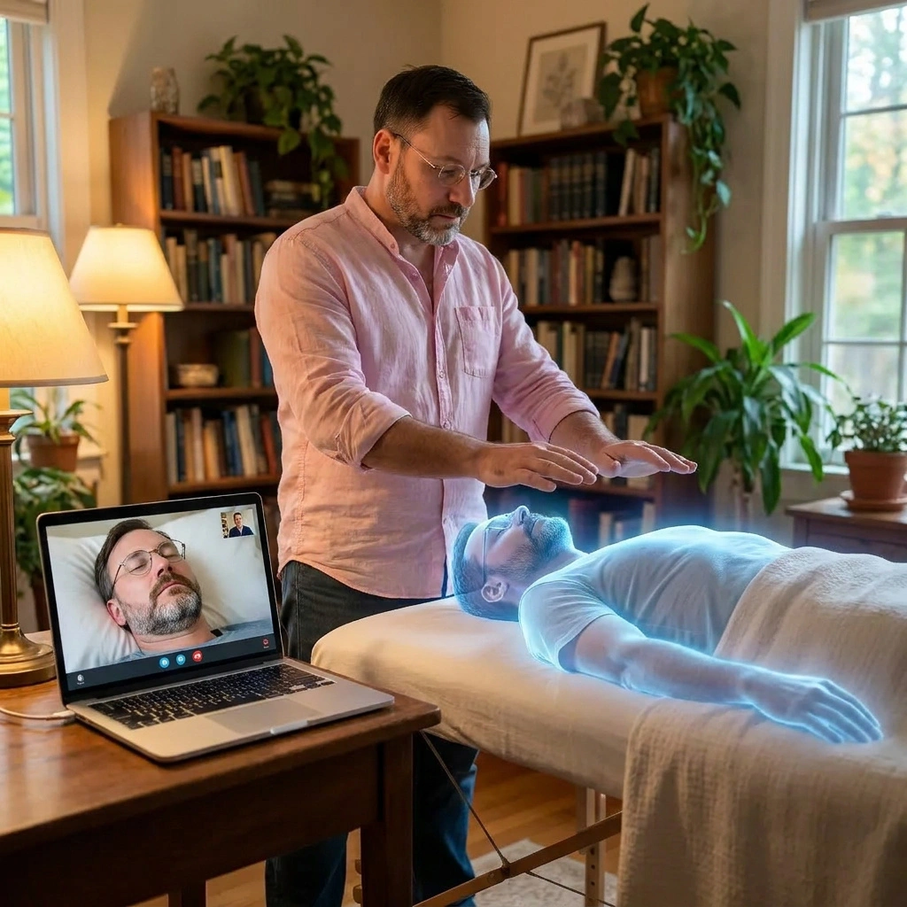 Usui Reiki Master performing distance healing — energy channeled across space